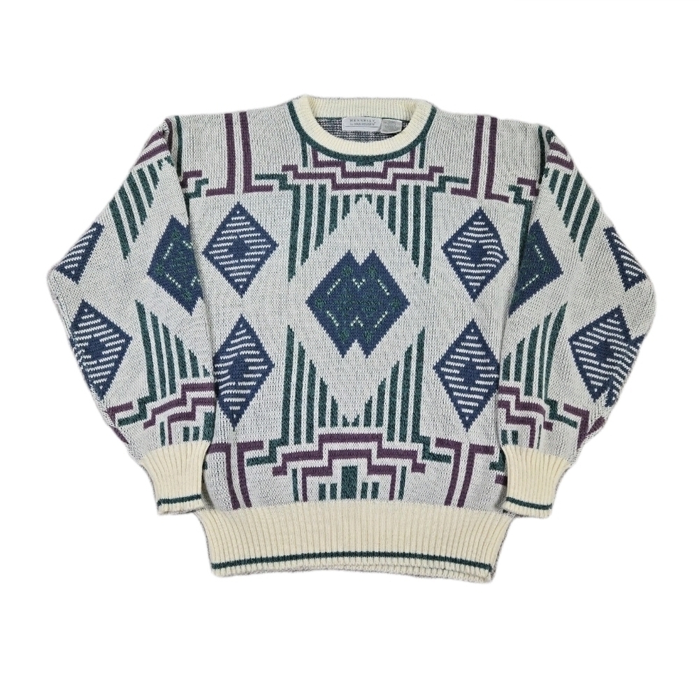 Vintage 90s Van Hennessy Crew Neck Cosby Knit Sweater L Geometric Grunge Retro